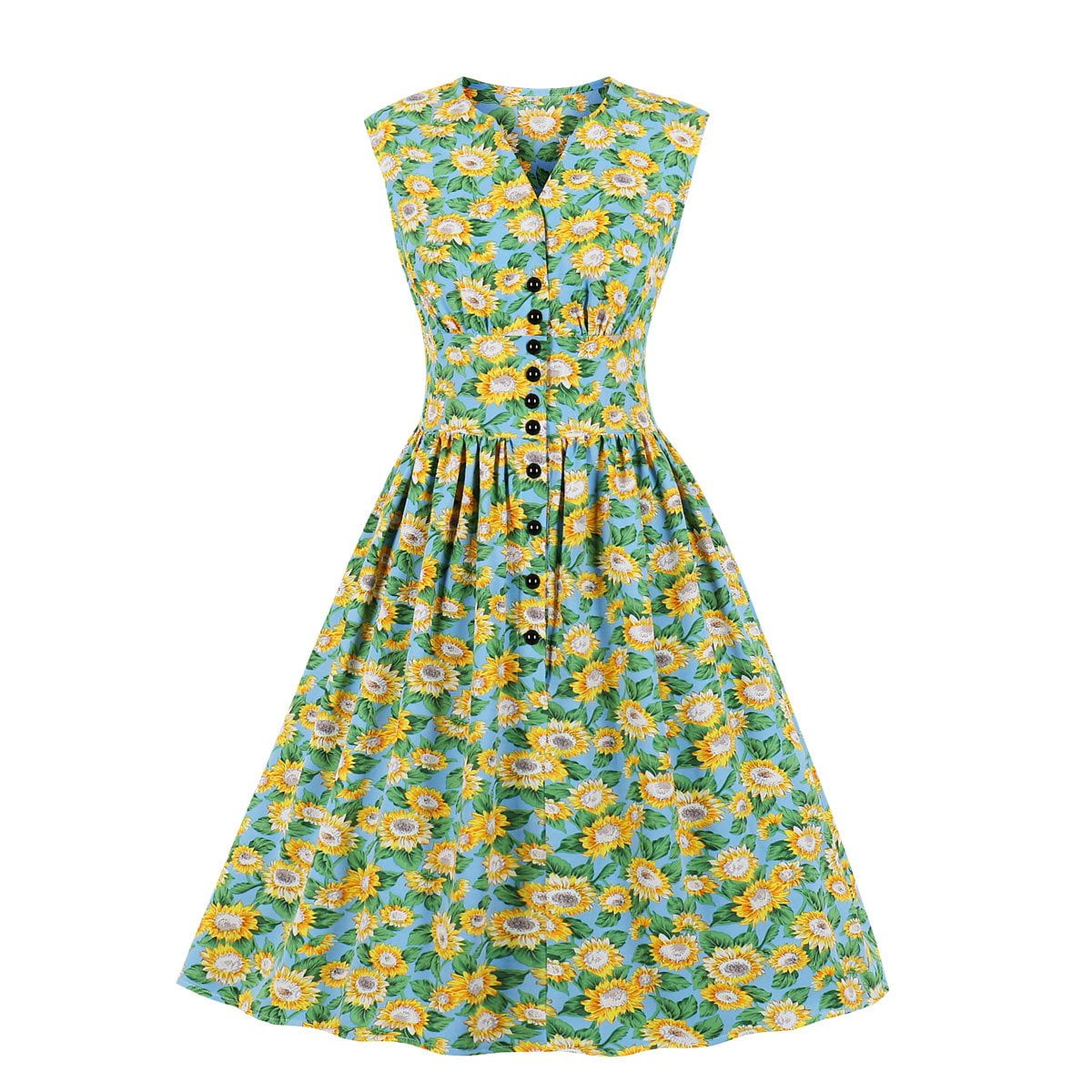 50s Style Sleeveless Fresh Floral Dress Single-breasted V-neck Swing ...