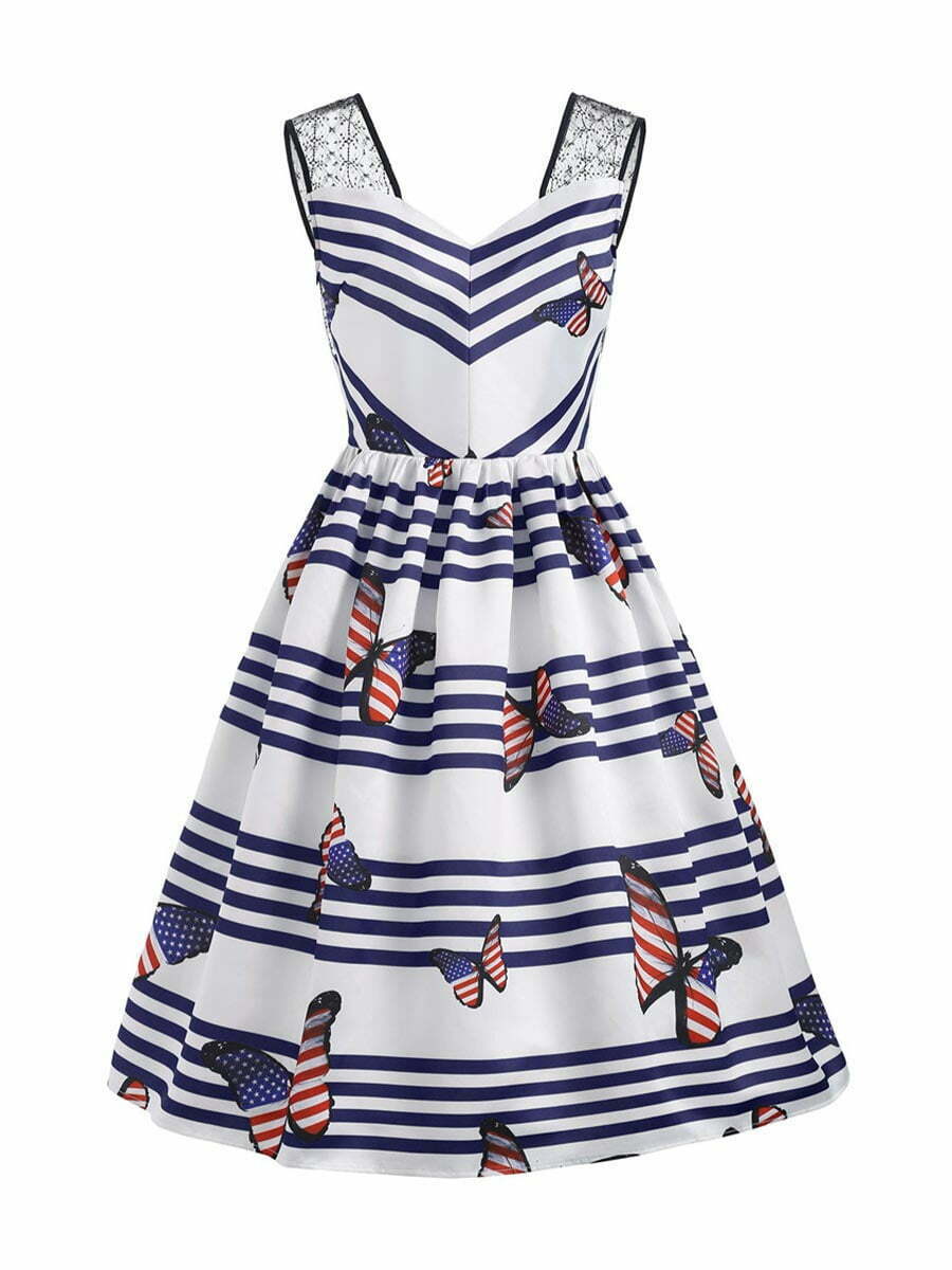 American Flag Dresses V Back Butterfly Swing Dresses - Vintage-Retro