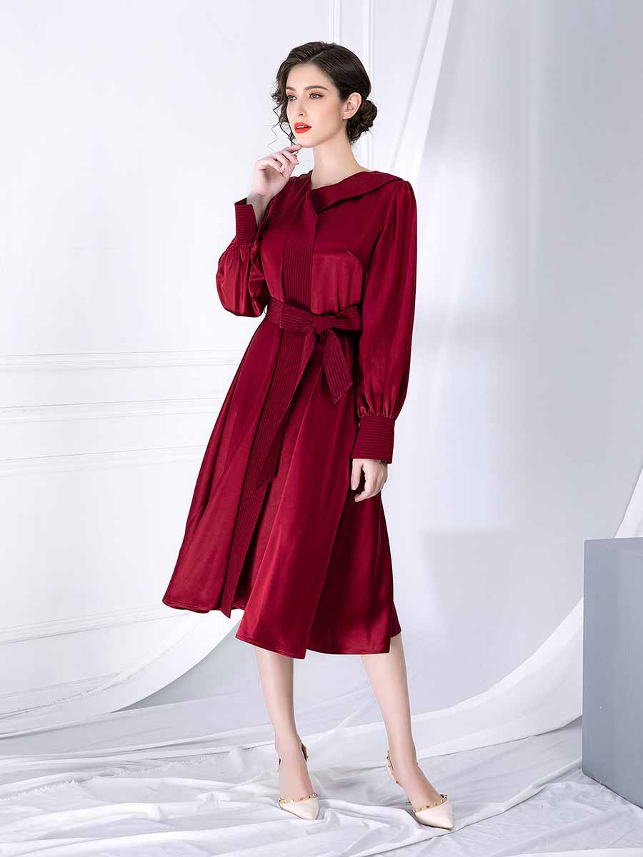 Satin Dress for Wedding Solid Color Long Sleeve Lace Up Dress - Vintage ...