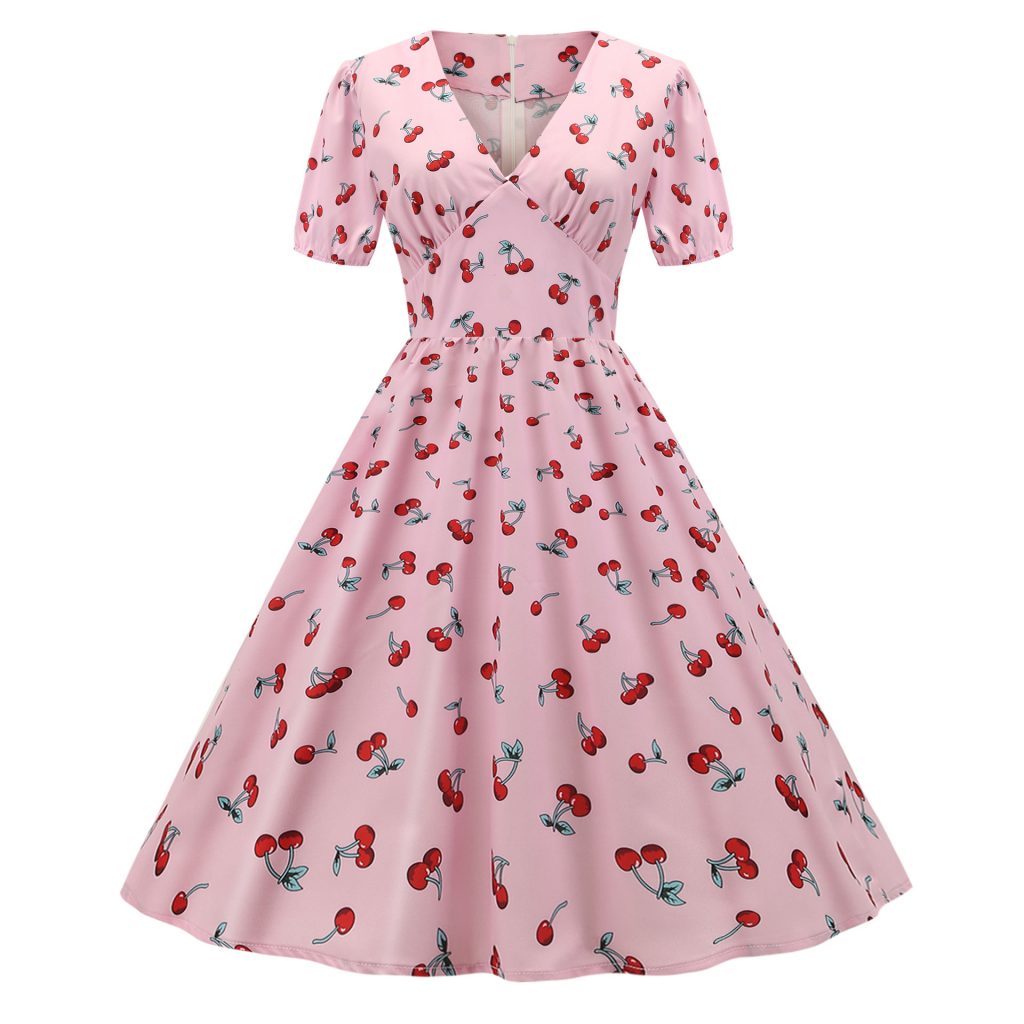 1950‘s Dresses ’Puff Sleeve Pink Cherry Print Dress - Vintage-Retro