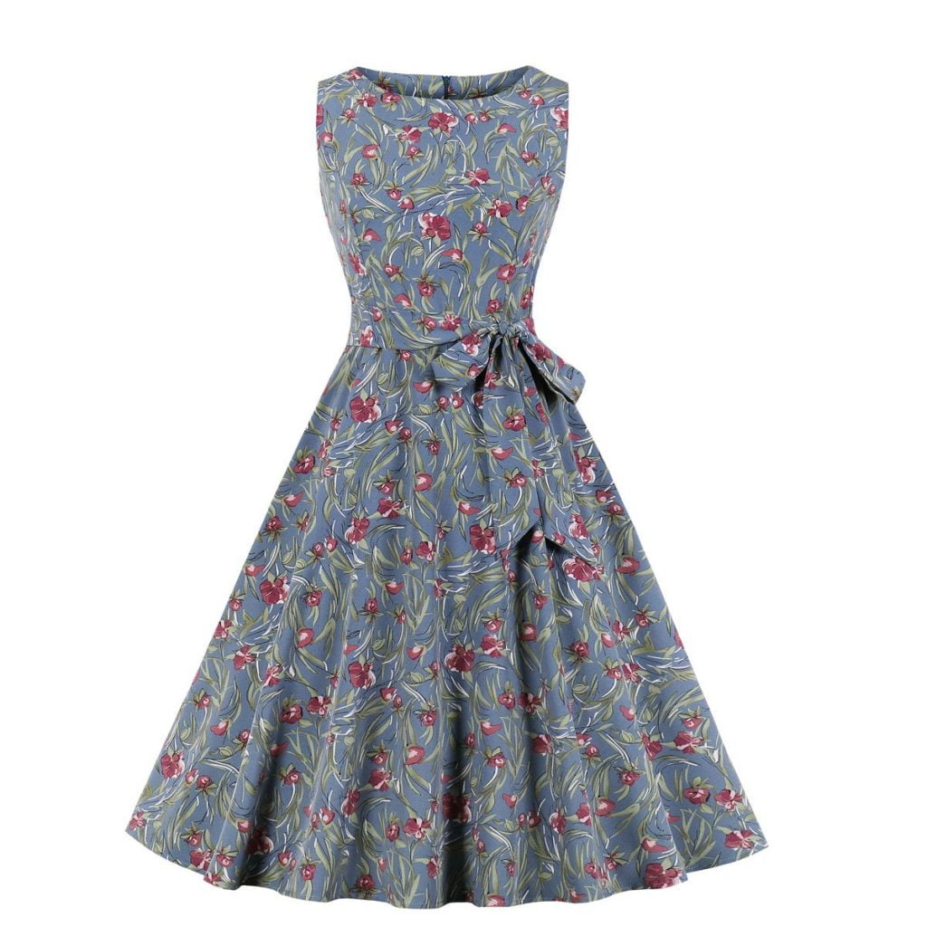 1950s Floral Dress Sleeveless O Neck Fresh Style Knee Length Dress ...