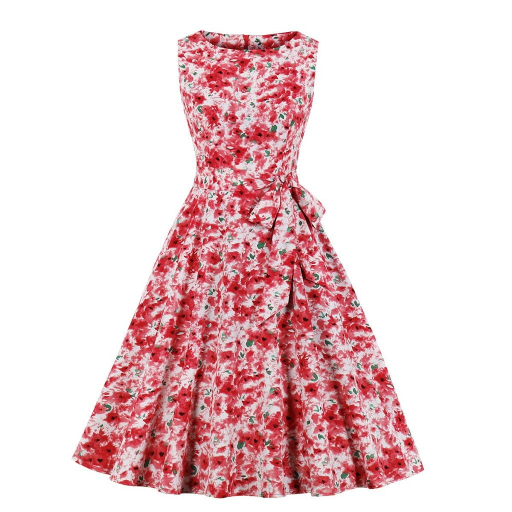 1950s Floral Dress Sleeveless O Neck Fresh Style Knee Length Dress ...