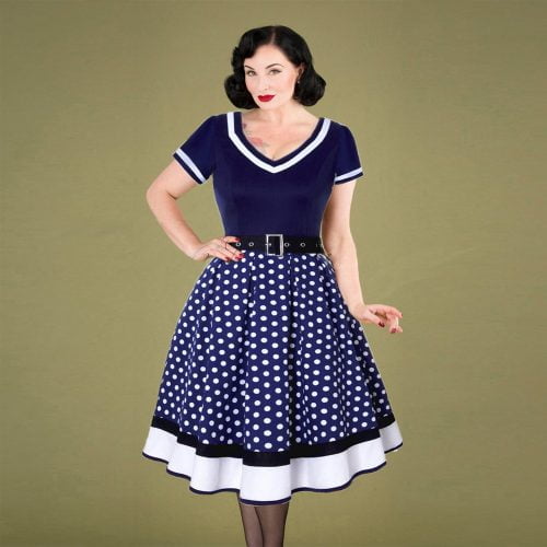 Polka Dot Dress 1950s Pin Up Swing Dress With Belt - Vintage-Retro