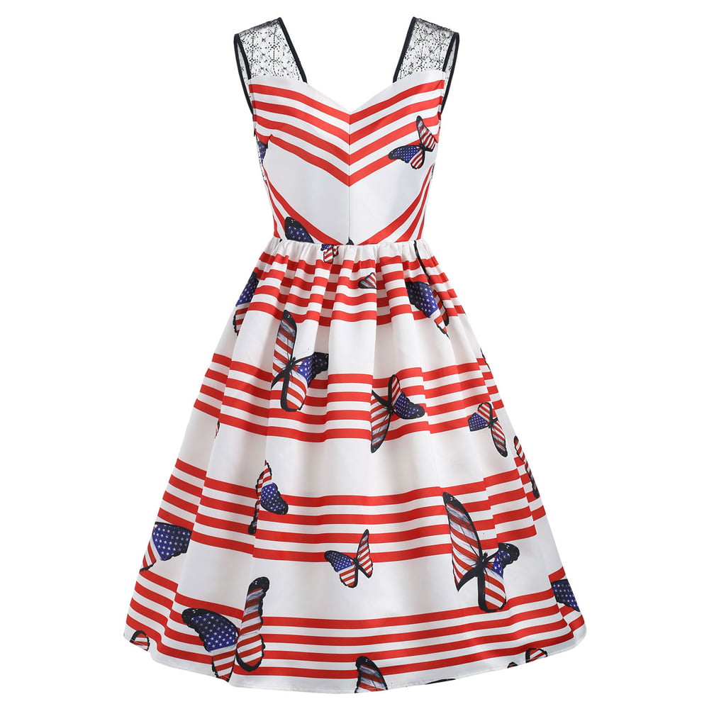 American Flag Dresses V Back Butterfly Swing Dresses - Vintage-Retro