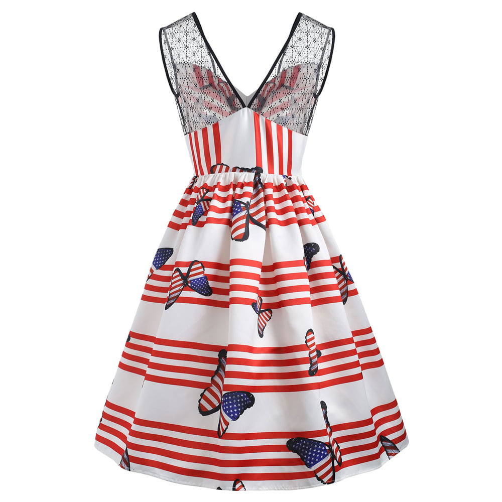 American Flag Dresses V Back Butterfly Swing Dresses - Vintage-Retro