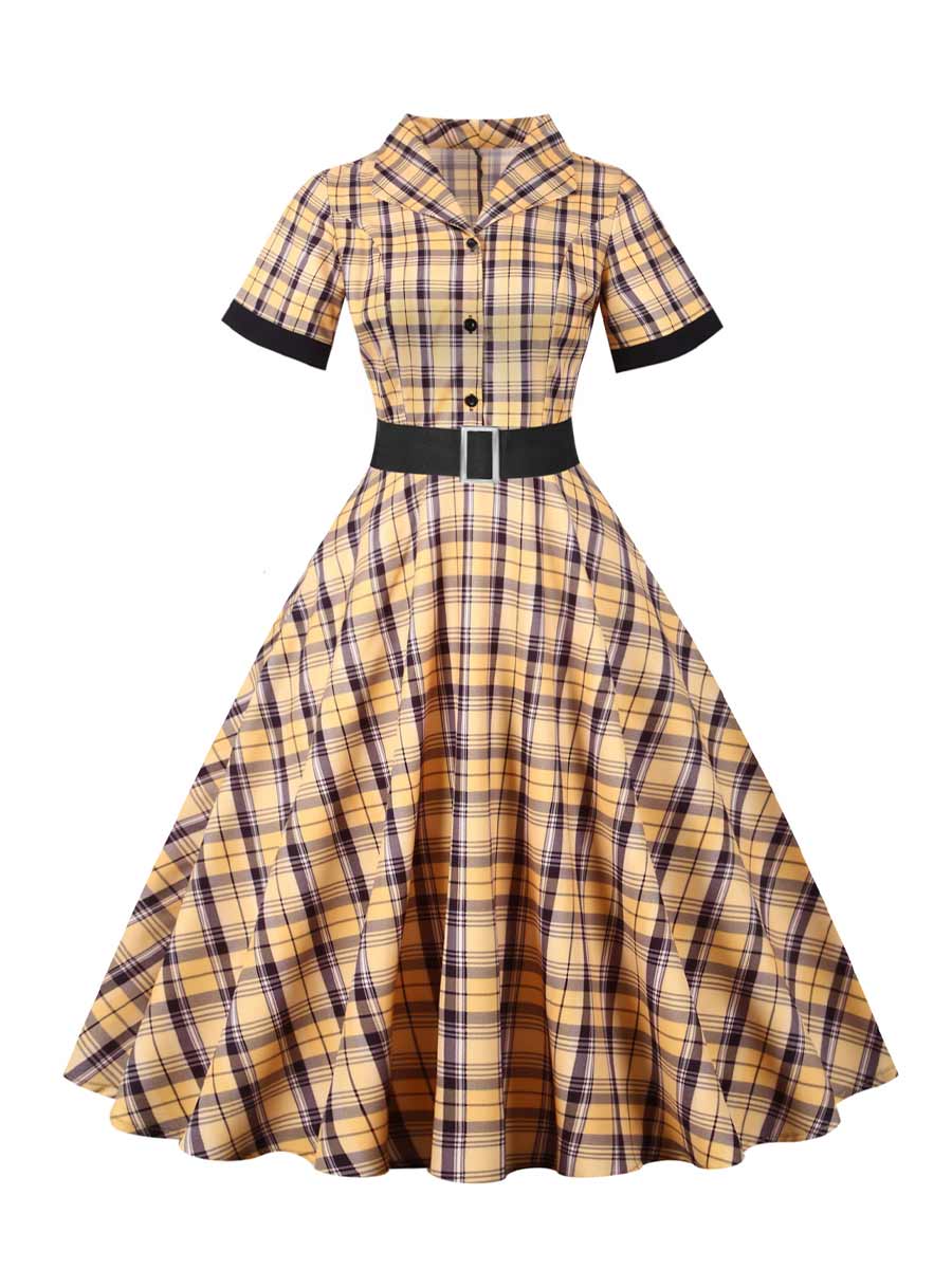 vintage-retro 50s Dresses Single Breasted Short Sleeve Belt Design