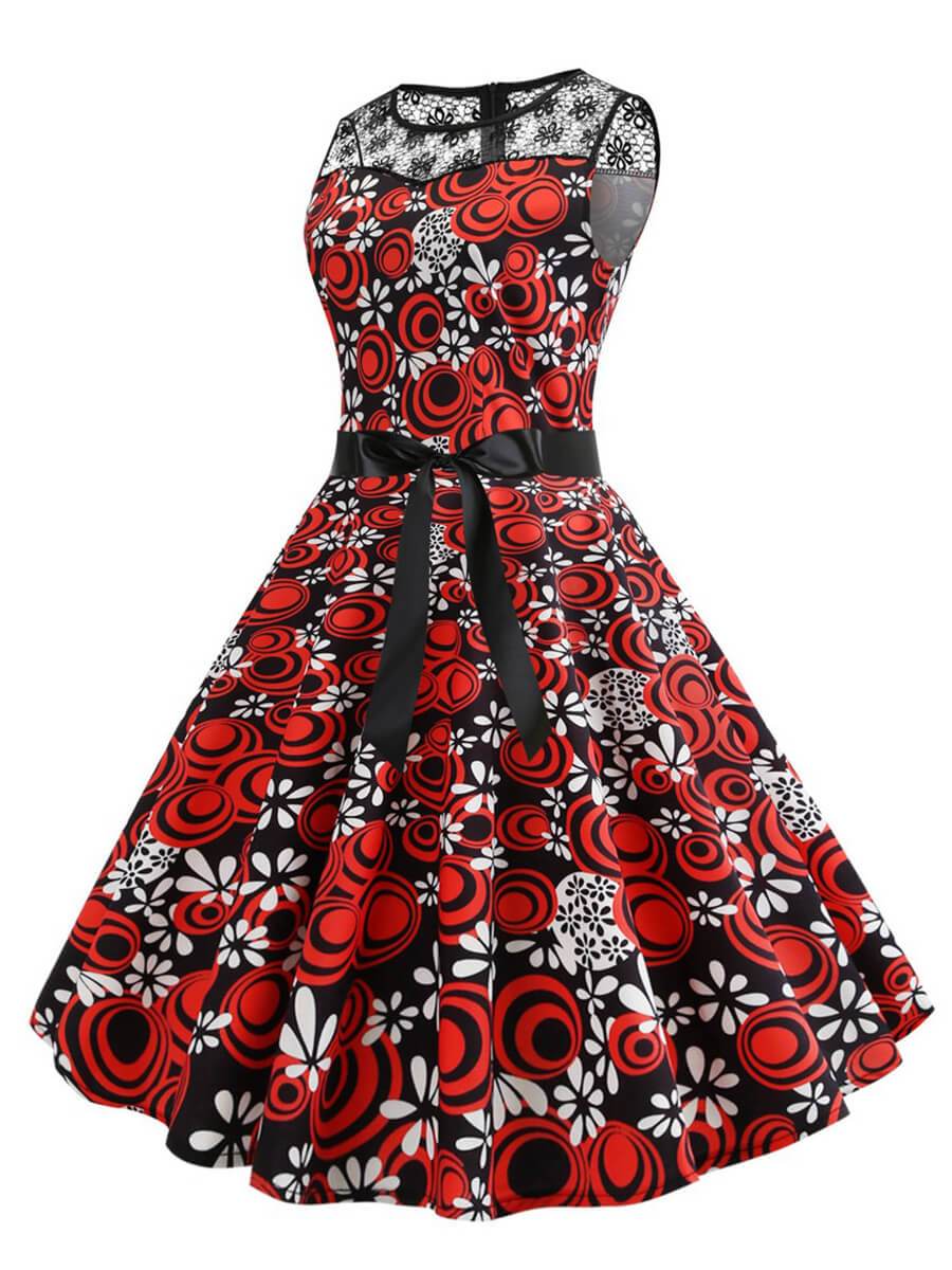 Womens 1950s Floral Dress Lace Patchwork Sash Design Midi Dress ...