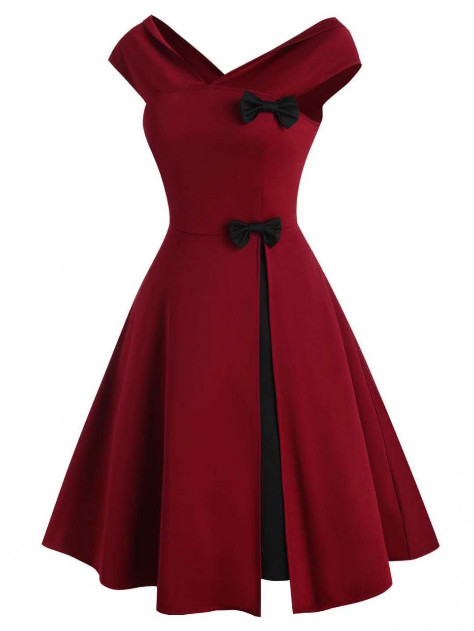 Women's Prom Dresses V-Neck Bowknot Elegant Burgundy Dresses - Vintage ...