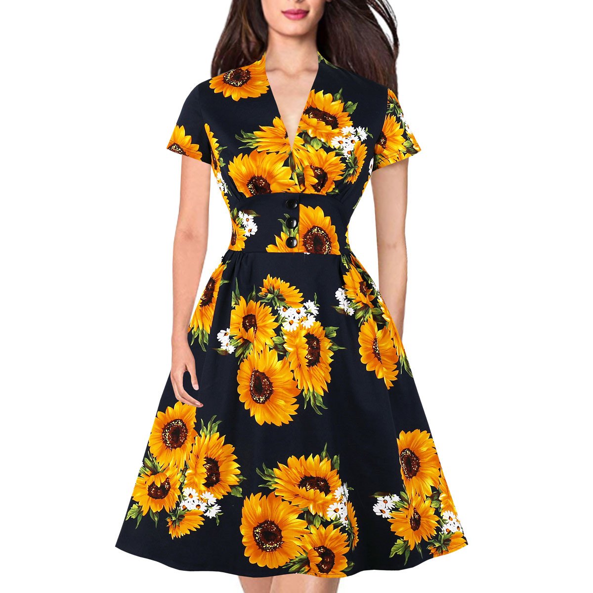 Sunflower Dress Pocket V-neck Big Swing Dress - Vintage-Retro