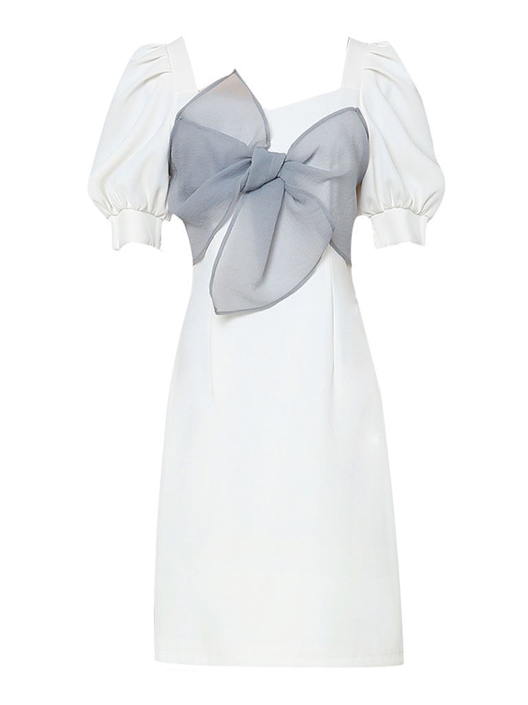 Bowknot White Puff Sleeve 1950S Party Dress - Vintage-Retro