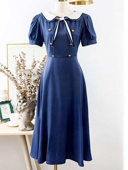 Navy Blue Sailor Collar Puff Sleeve Swing Dress - Vintage-Retro