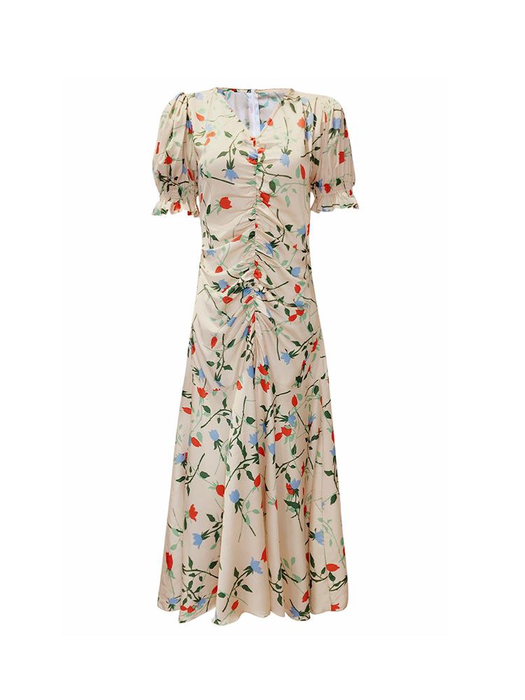 Retro Floral Dress Satin Puff Sleeve Long Dress - Vintage-Retro