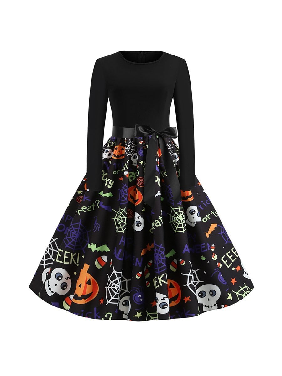 Halloween Dress For Women Long Sleeve Spider Web Pumpkin Pattern Swing ...