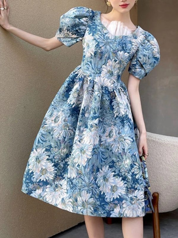 1950s Dress Blue Daisy Painting Puff Sleeve Tie Waist Vintage Dresses ...