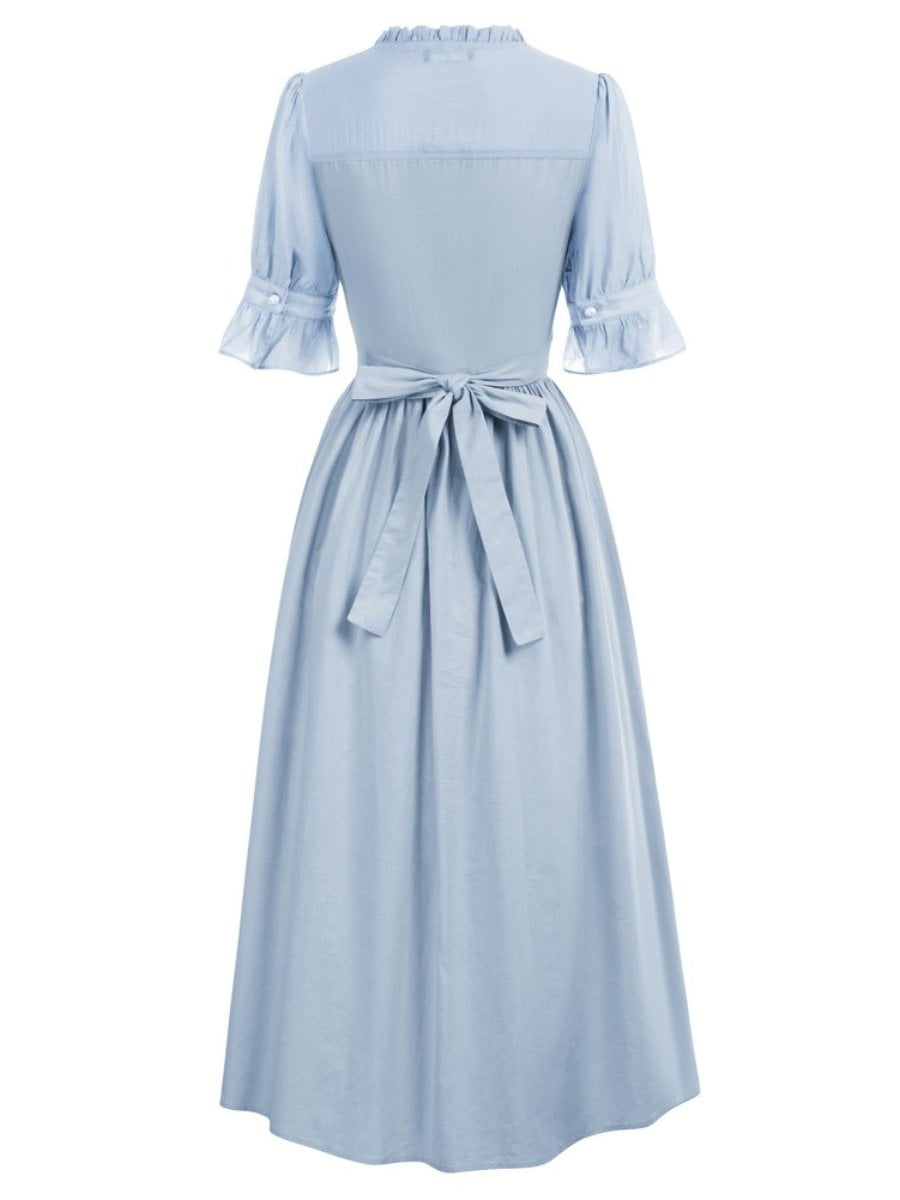1950s Dresses V-neck Ruffle Sleeves High Waist Single Breasted Swing ...