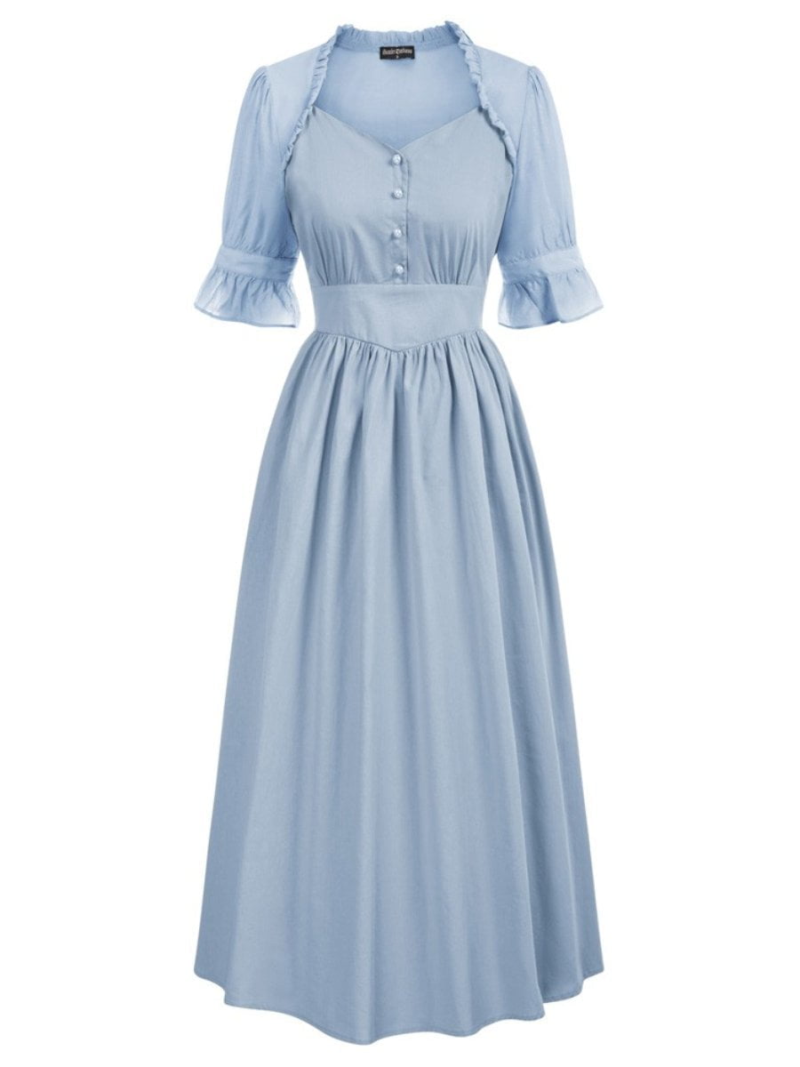 1950s Dresses V-neck Ruffle Sleeves High Waist Single Breasted Swing ...