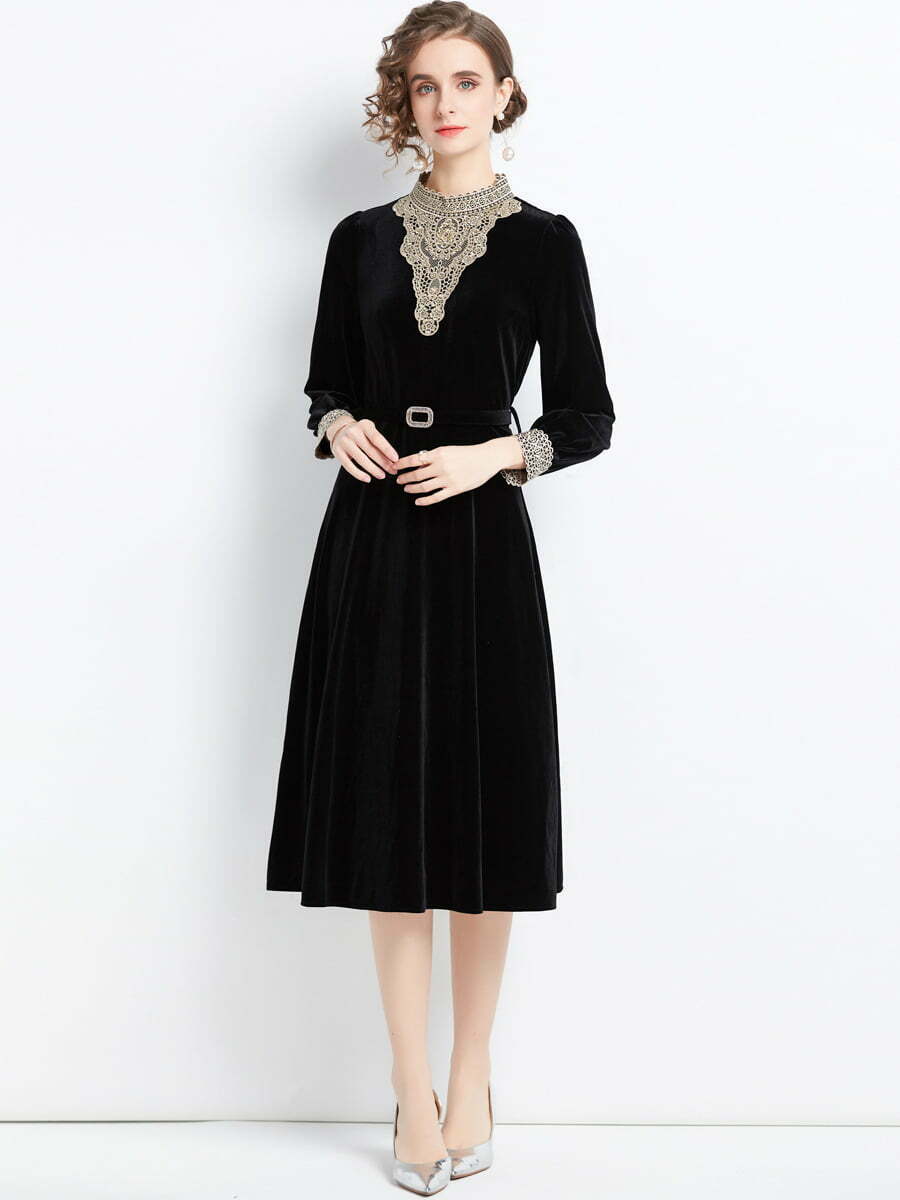 1950s Dress Lace Embroidery Stand-up Collar Midi Swing Velvet Dress ...