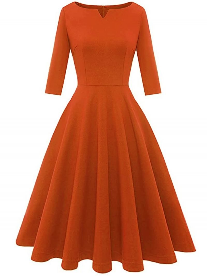 women-s-dresses-solid-color-three-quarters-sleeves-midi-swing-dresses